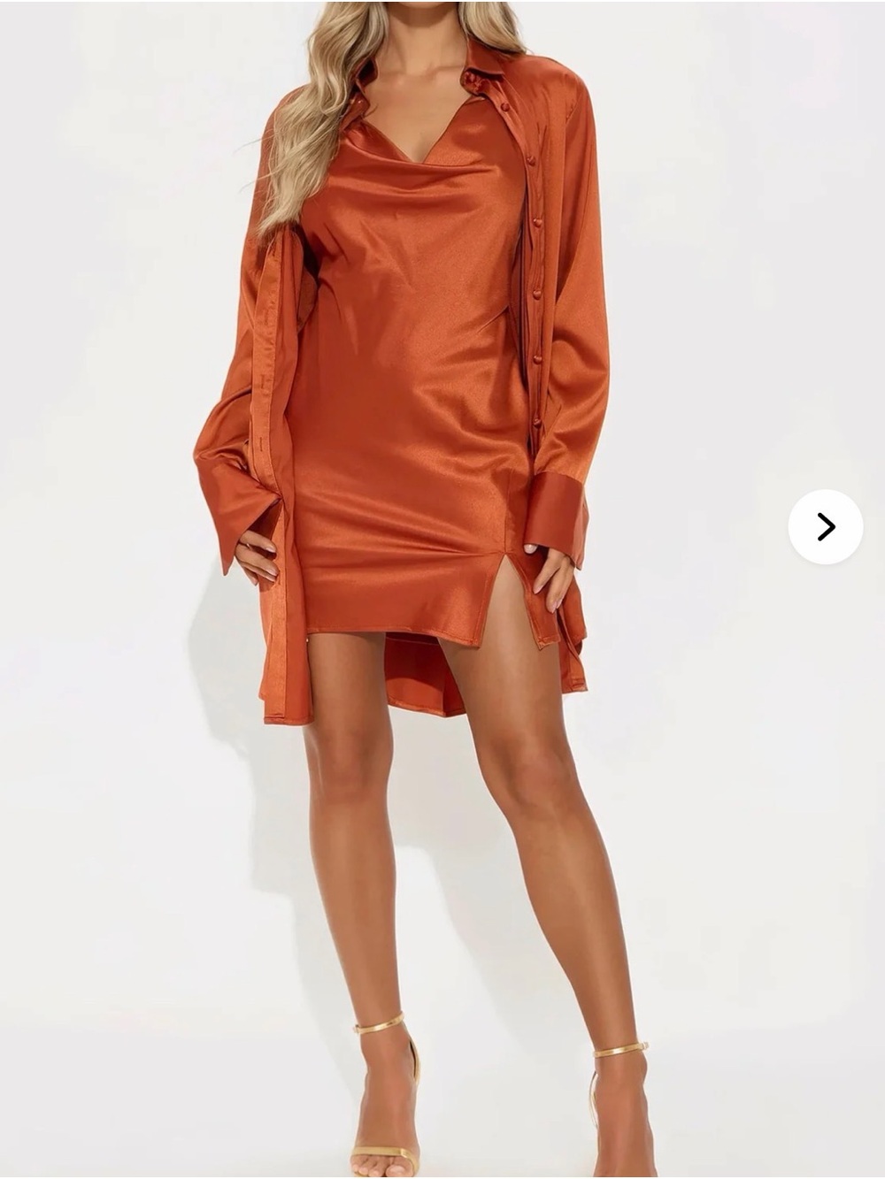 Fashion Nova Satin Cowl Mini Dress in Rust Orange